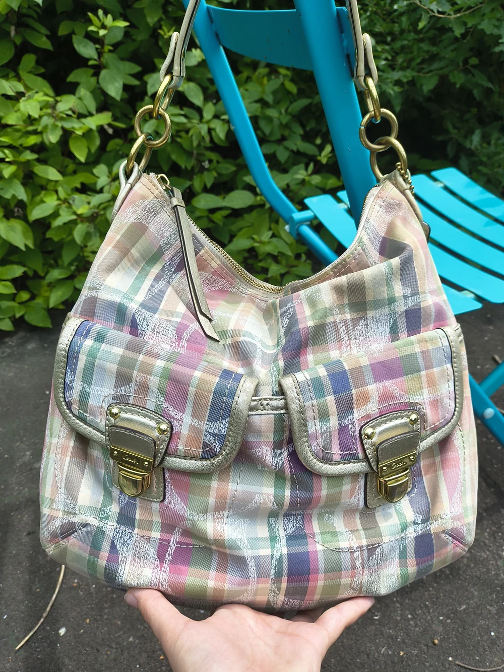 Coach Poppy Daisy Signature Coach Pastel Plaid Canvas Shoulder Bag with Gold Tag